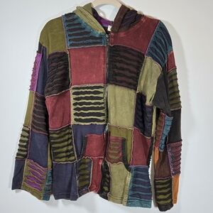 Bohemian Patchwork Zip Hoodie Jacket Made in Nepal 100% Cotton XL